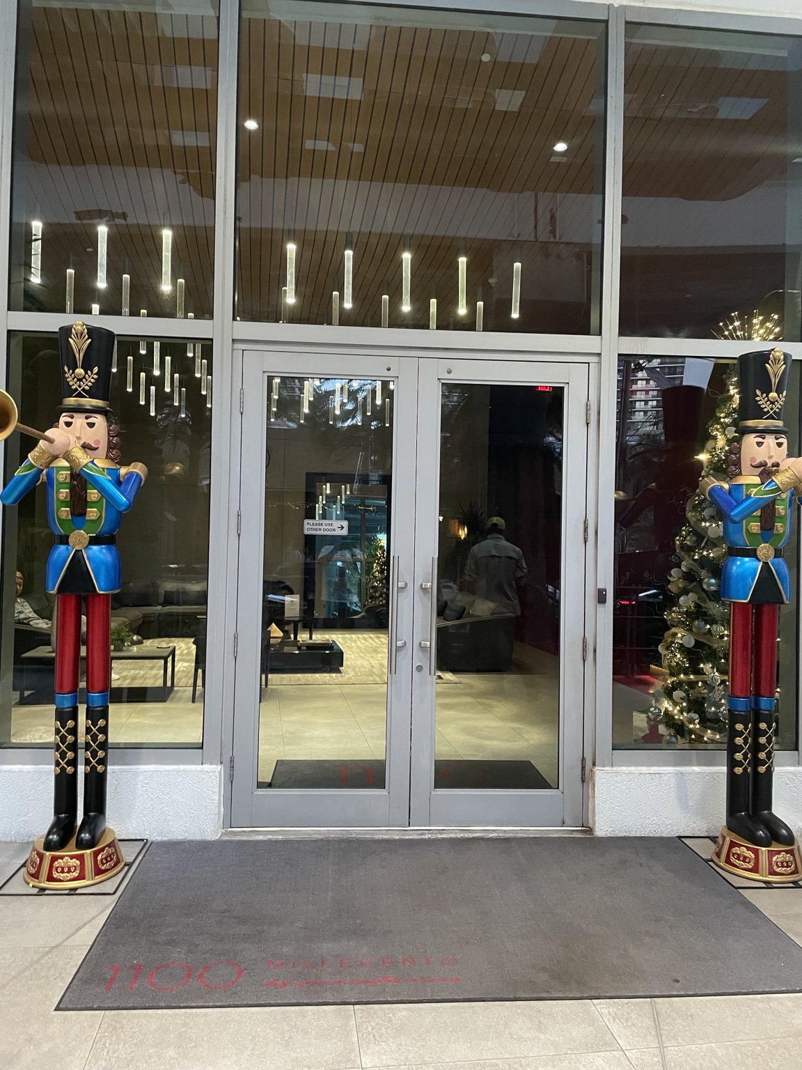 Commercial entrance with large nutcrackers